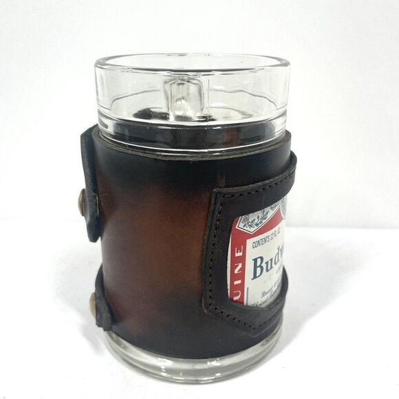 Vintage Label Budweiser 12 oz Glass Beer Mug Wrapped in Real Leather Patina EUC - Picture 2 of 6